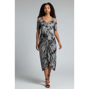 Wekili Grey Black Tie Dye Cold Shoulder Front Knot Midi Dress Womens Medium